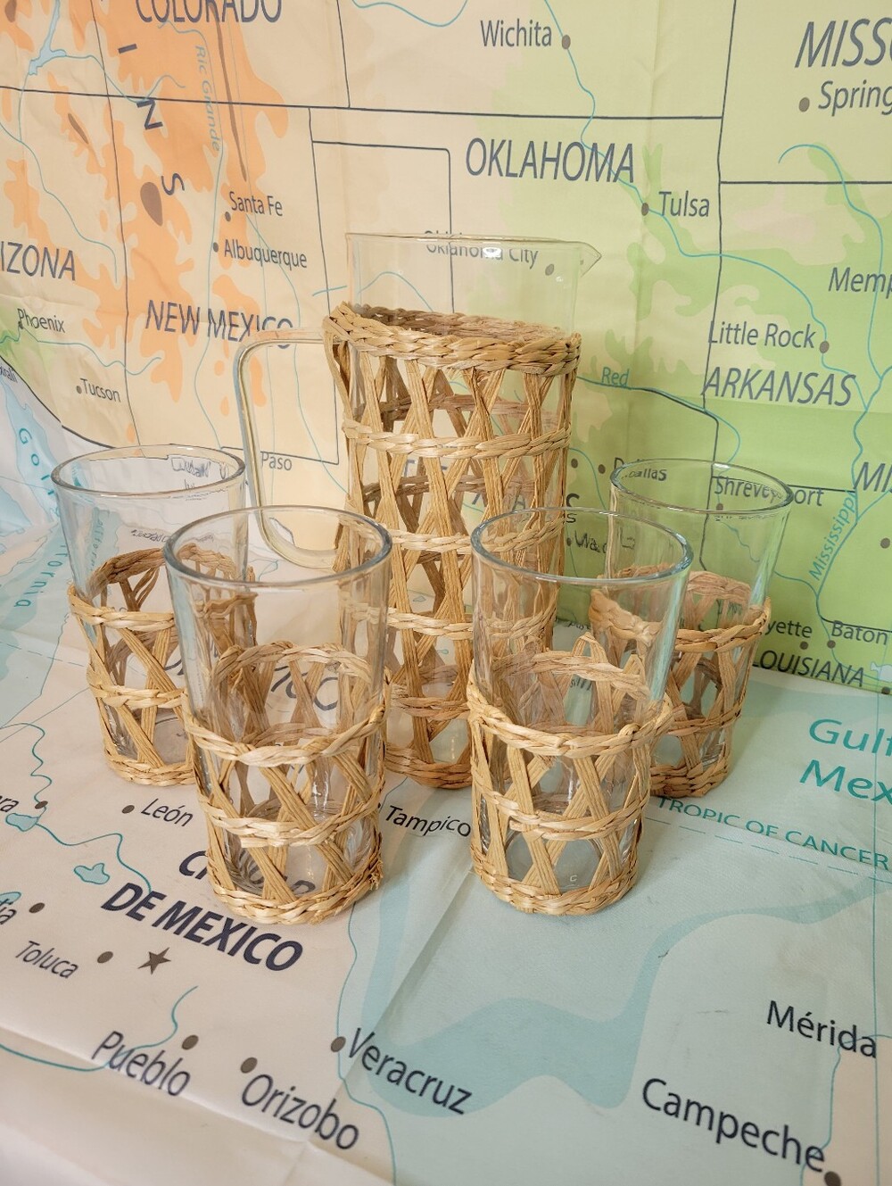 Vintage Woven Rattan Glass Pitcher and Tumbler Set - Natural